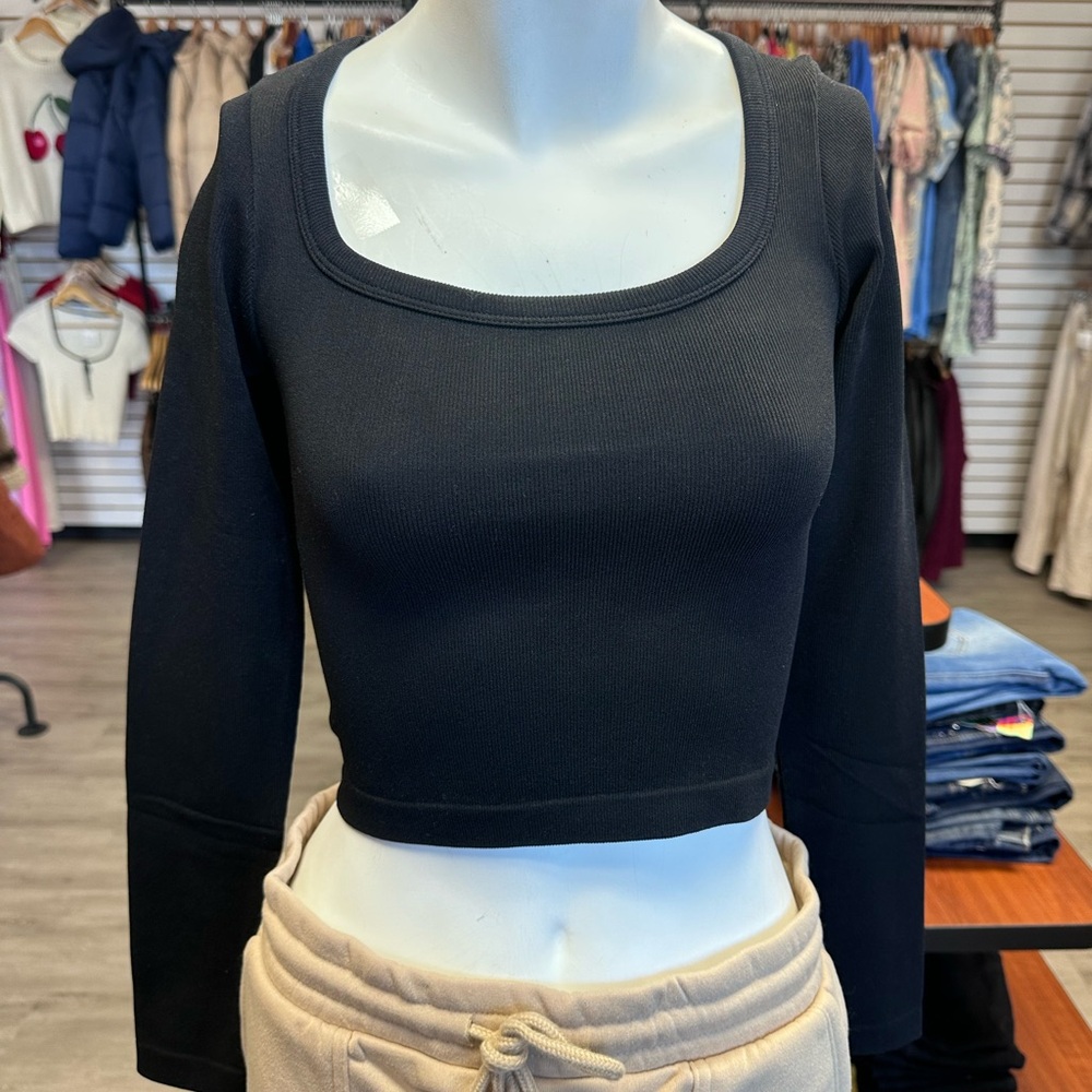 Black Ribbed Stretch Compression Pilates Crop Square Neck Women's Top